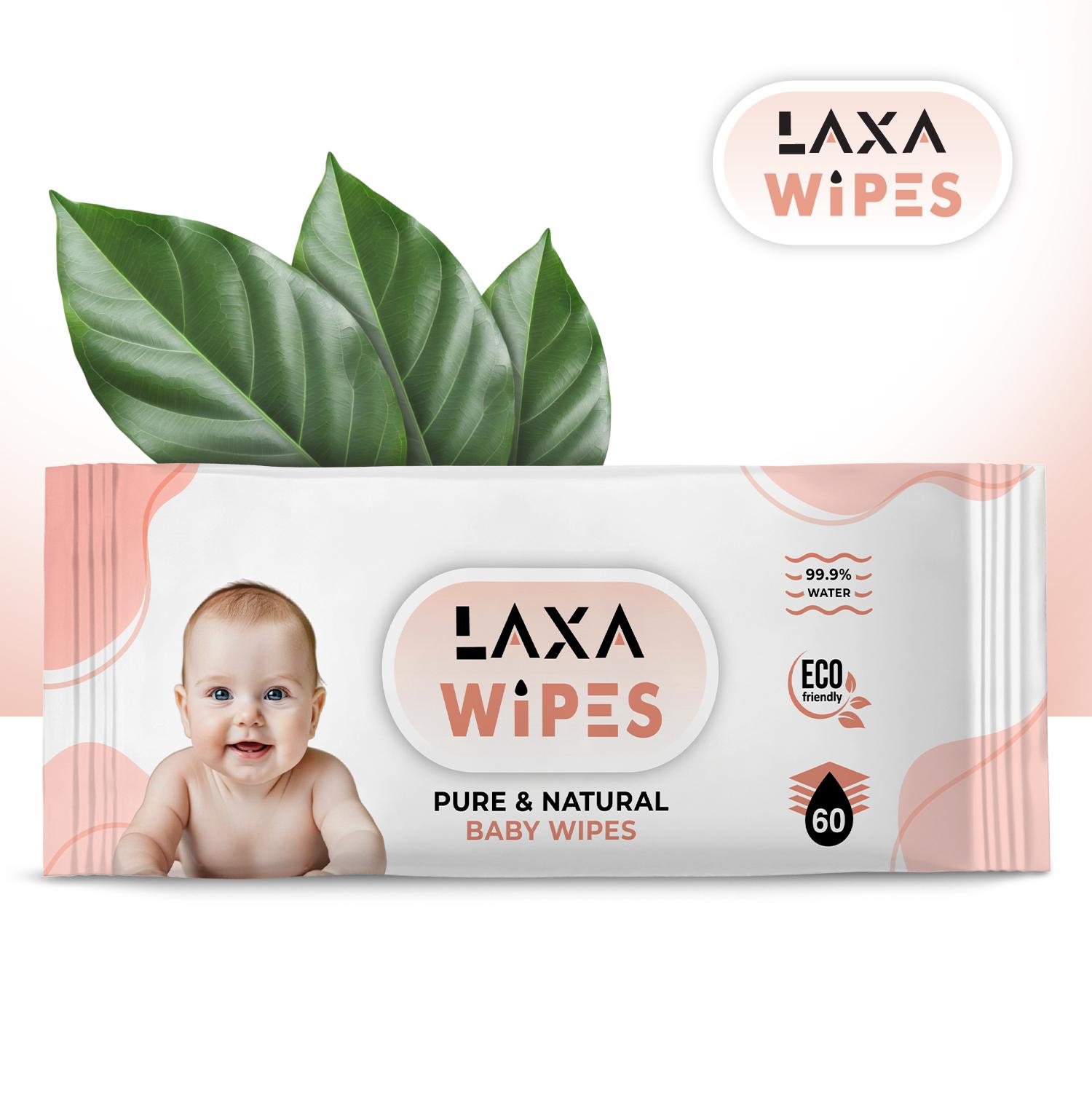 LaxaWipes 99% Water Based Baby Wipes - Hypoallergenic & Fragrance Free for Sensitive Skin, 60 Count