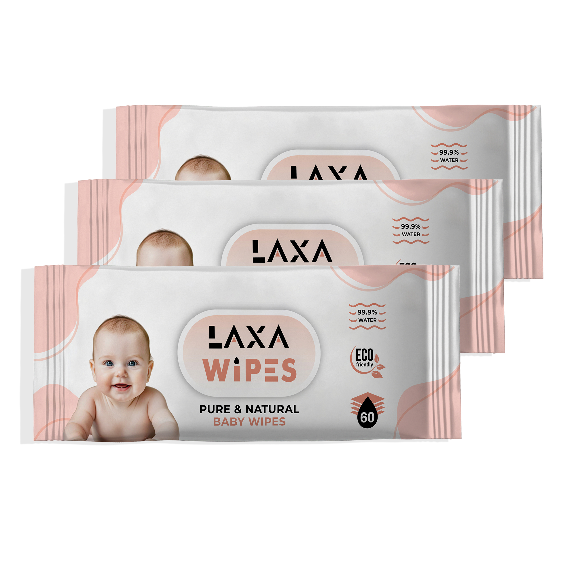 LaxaWipes Original Baby Wipes, 99.9% Water, Unscented & Hypoallergenic for Sensitive Newborn Skin, 3 Packs (180 Count)