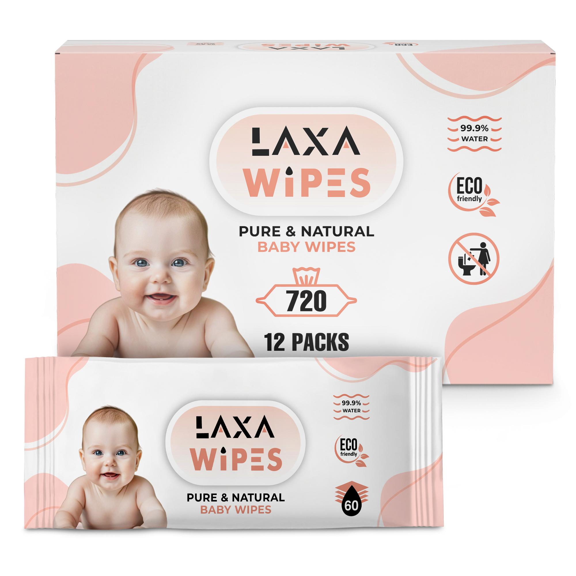 LaxaWipes 99% Water Based Baby Wipes - Hypoallergenic & Fragrance Free for Sensitive Skin, 720 Count (12 Packs of 60)