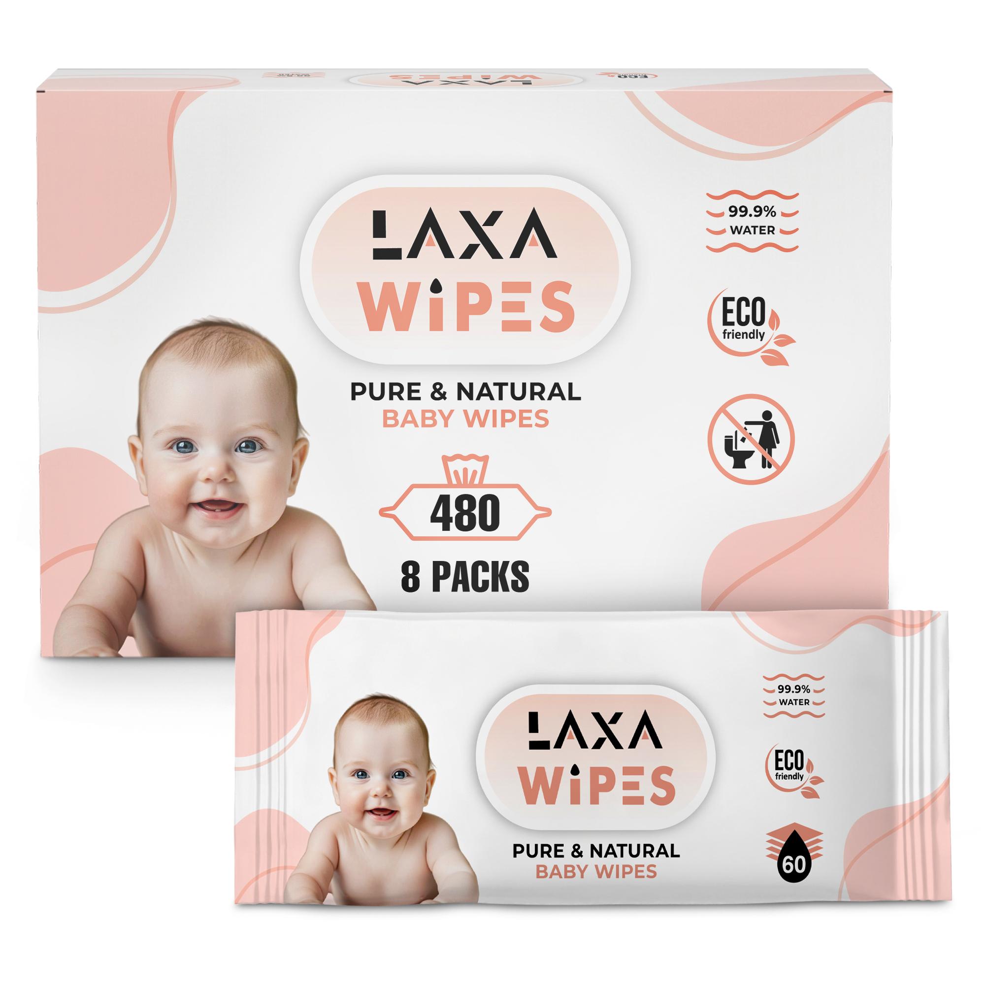 LaxaWipes 99% Water Based Baby Wipes - Hypoallergenic & Fragrance Free for Sensitive Skin, 480 Count (8 Packs of 60)