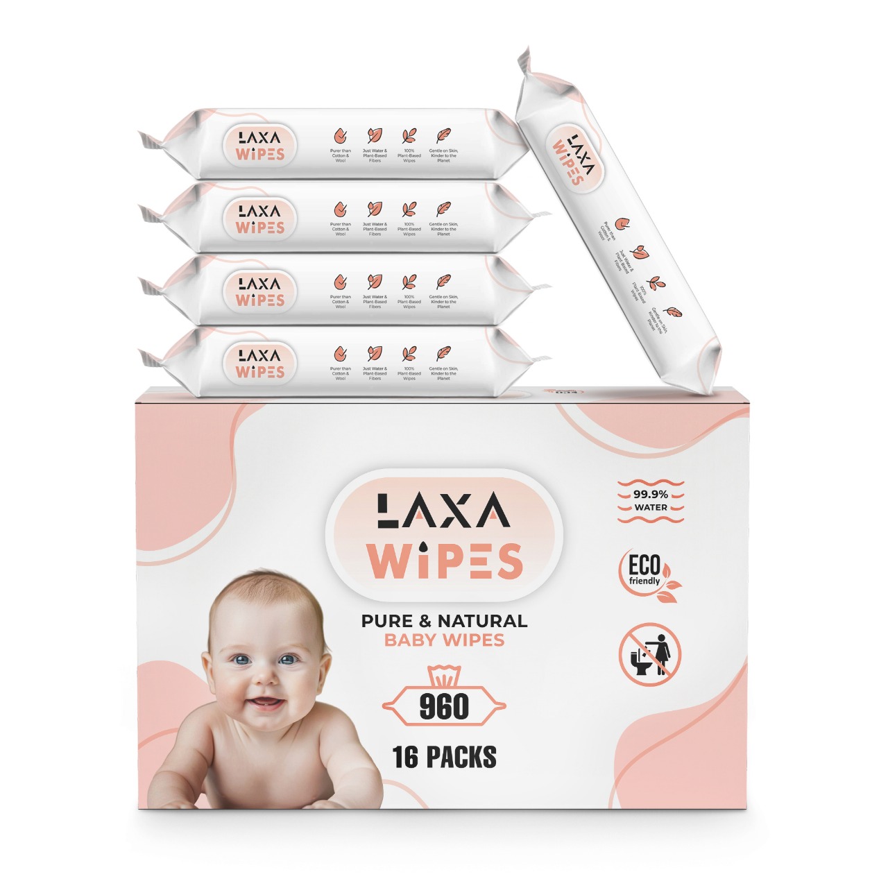 LaxaWipes Baby Wipes, 99.9% Water, Unscented, Sensitive, Newborn Skin, 960 Wet Wipes (16 Packs of 60 Wipes)